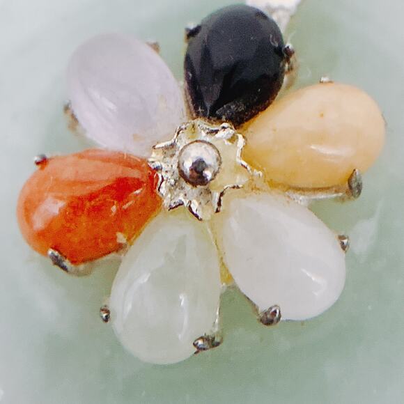 VTG Sterling Silver Jadeite Donut Pendant w/ Semi-Precious Gemstone Flower, Y2K - Picture 4 of 13
